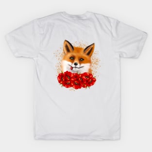 Cute fox face with red poppies T-Shirt